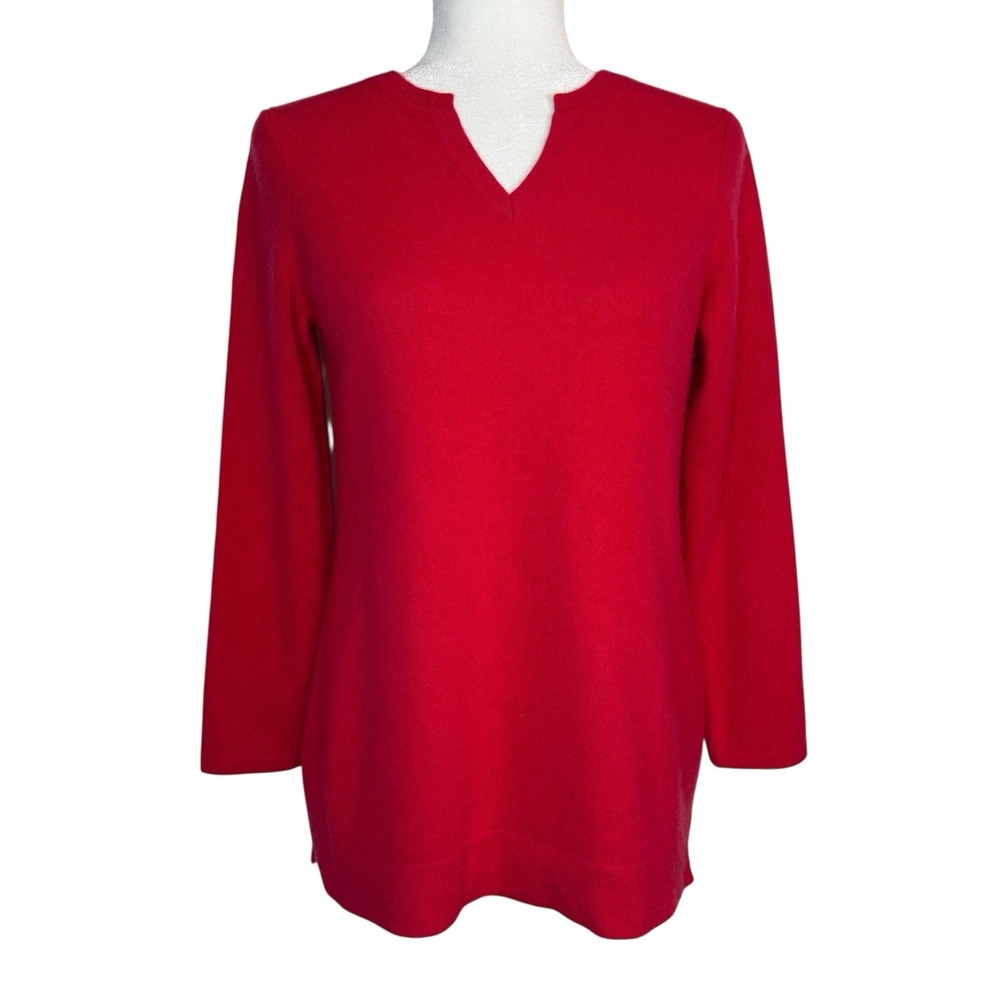 LANDS' END Women's MP 100% Cashmere Split Neck Red Sweater‎ Minimalist Cozy Soft